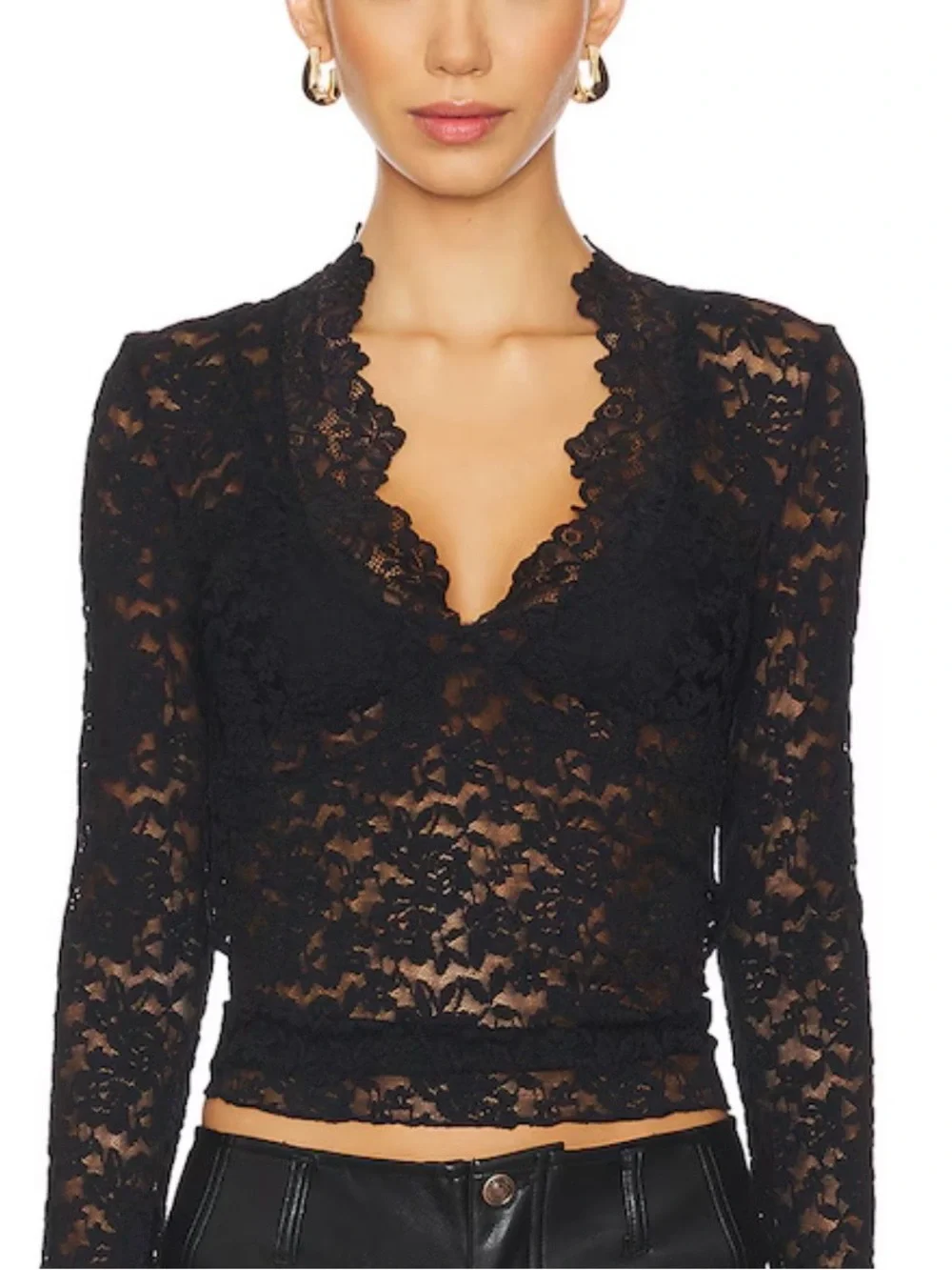 Free People All Day Lace Top Black Sheer Floral Lace Long Sleeve  Size Medium